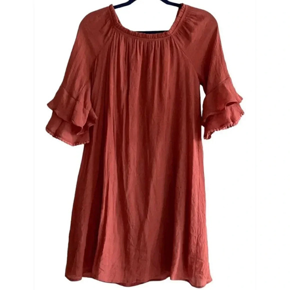 Anthropologie Naïf bell sleeved light rust/coral dress Lt weight, lined. Size PM - Picture 1 of 11